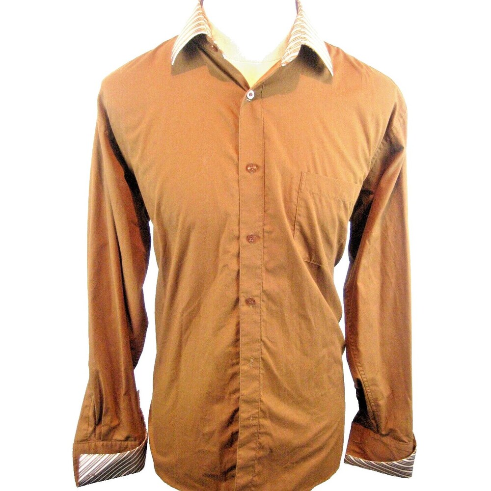 Mens Daniel Ellissa Brown w Plaid Collar/Fr Cuffs Dress Shirt sz 16.5x36/37